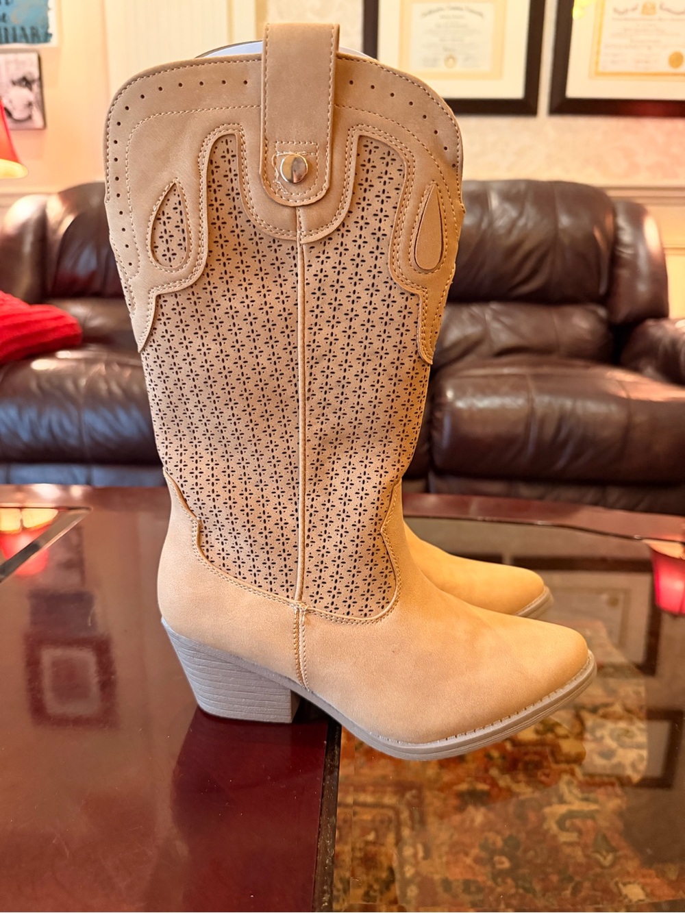 Sugar Tan Perforated Mid-Calf Western Heeled Boots